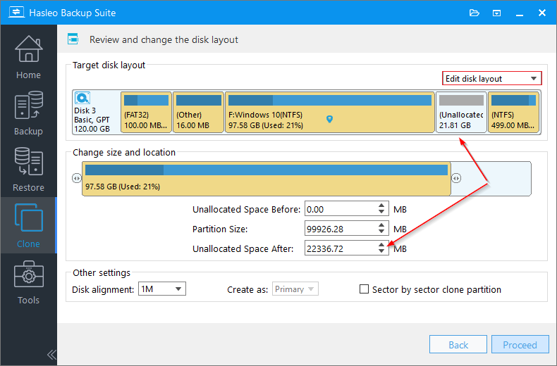 edit disk layout mode interface showing the partition adjustment controls