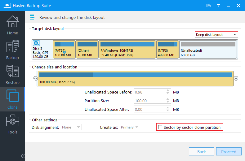 keep disk layout mode preserving the source disk original partition structure