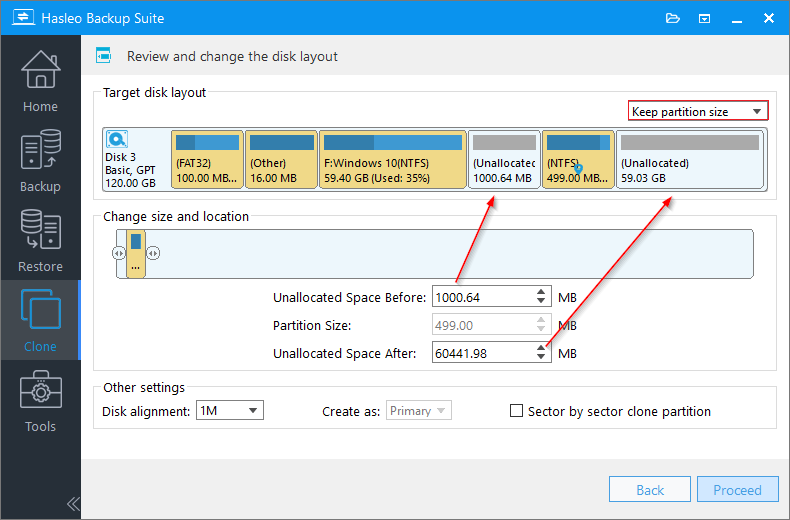 keep partition size mode showing locked partition sizes with adjustable position offsets