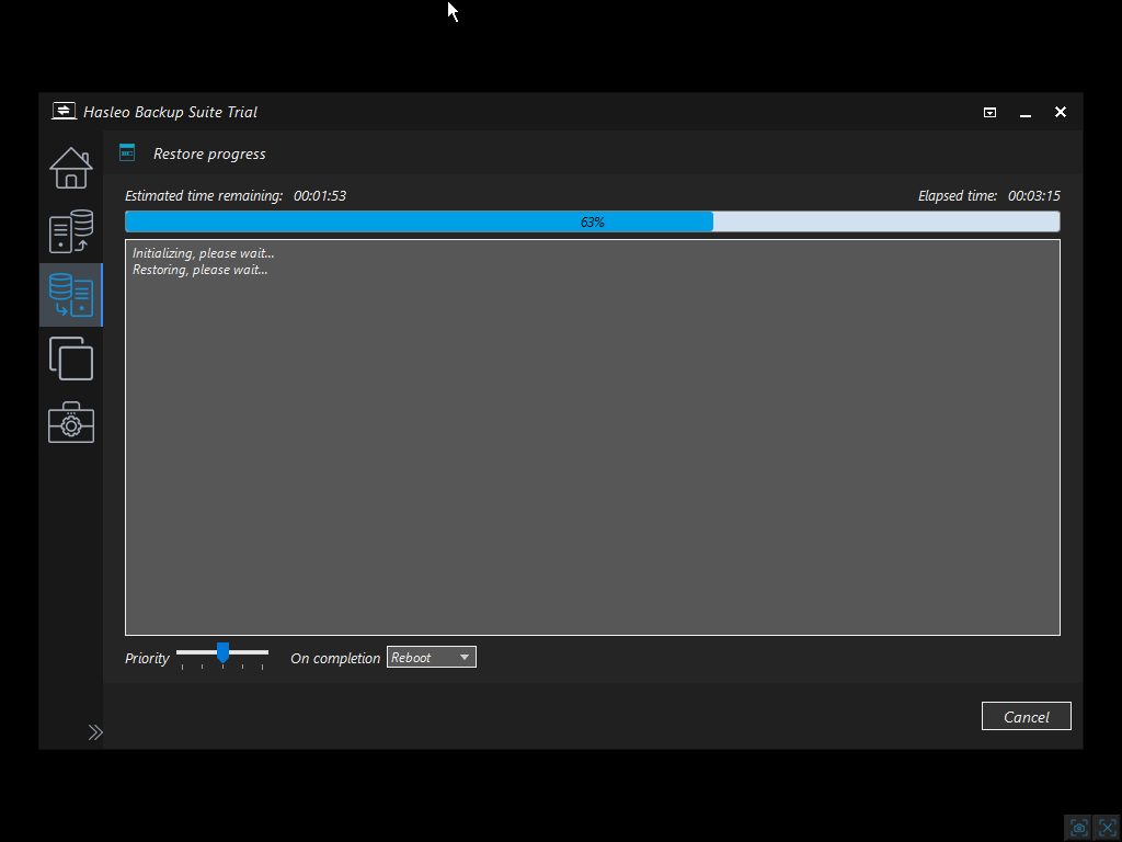 System restore progress in Pre-OS mode