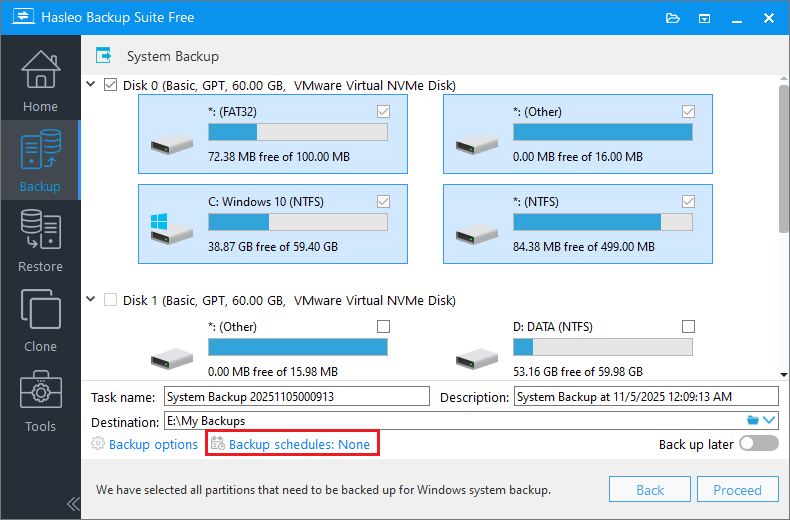Click Backup Schedules option in backup task settings