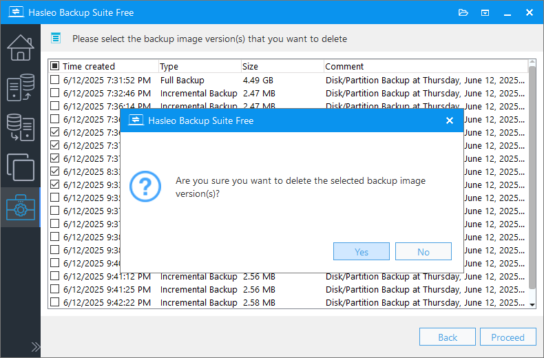 confirm the deletion of the backup version