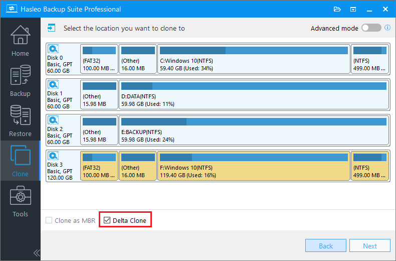 Select target disk and enable Delta Clone option