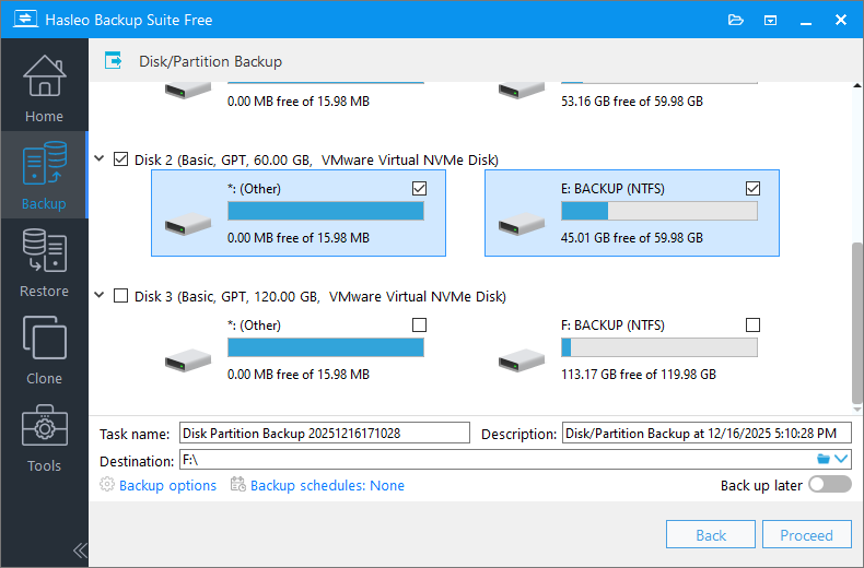 Disk backup source and destination selection interface