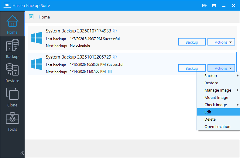 Edit backup task from Actions dropdown menu on Home page
