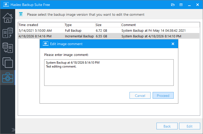 Enter new backup image comment