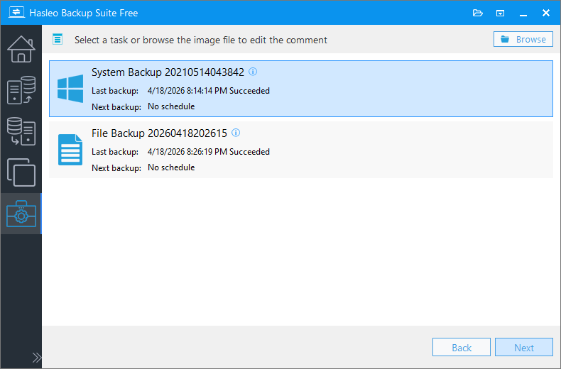 select backup task or image file to edit image comment