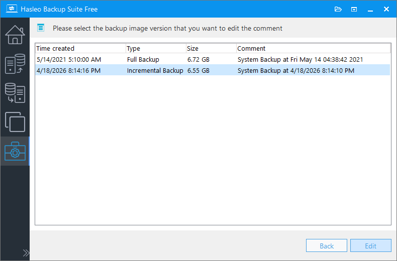 select backup versions to edit image comment