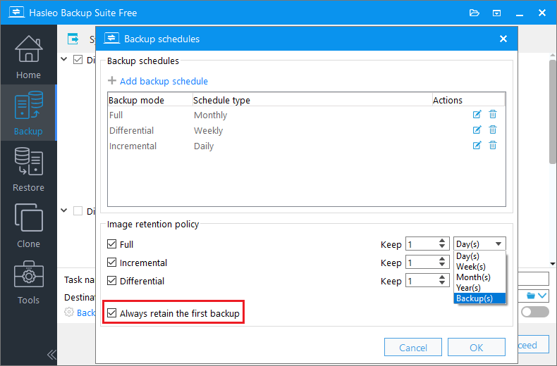 Edit image retention policy settings in Hasleo Backup Suite