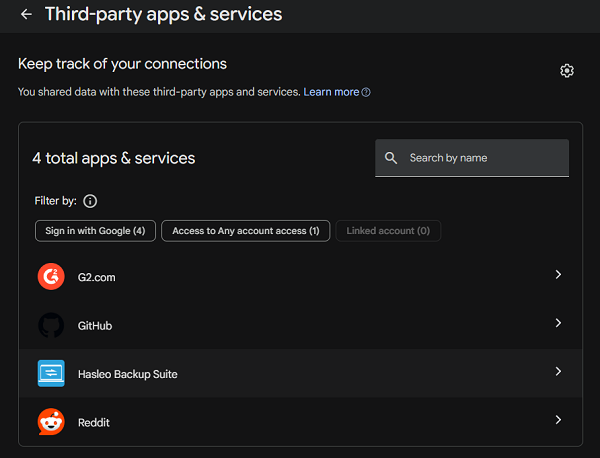 select app to revoke Gmail authorization