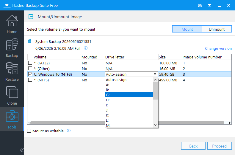 Assign drive letter for the mounted backup volume
