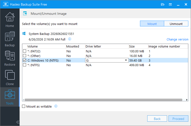 Click Proceed to mount the selected backup image