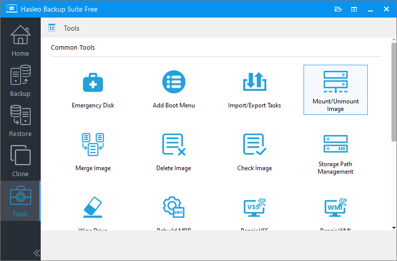 Mount or Unmount Image tool in Hasleo Backup Suite Tools section