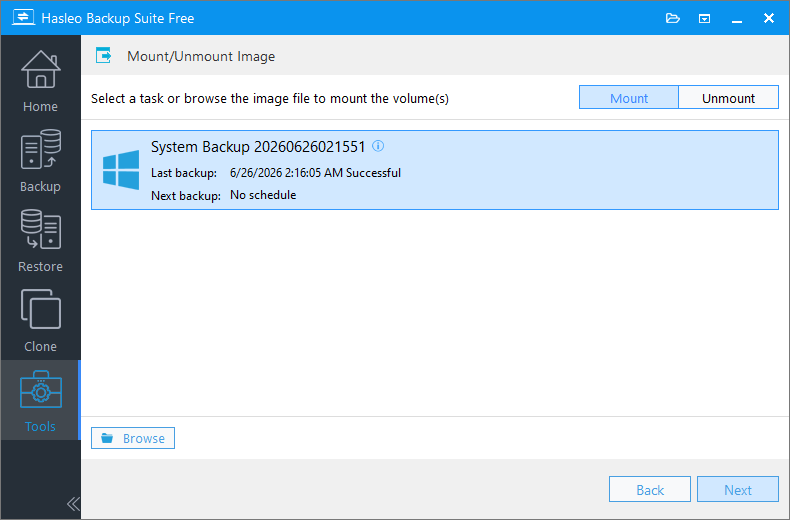 Select backup image file to mount from task list or browse