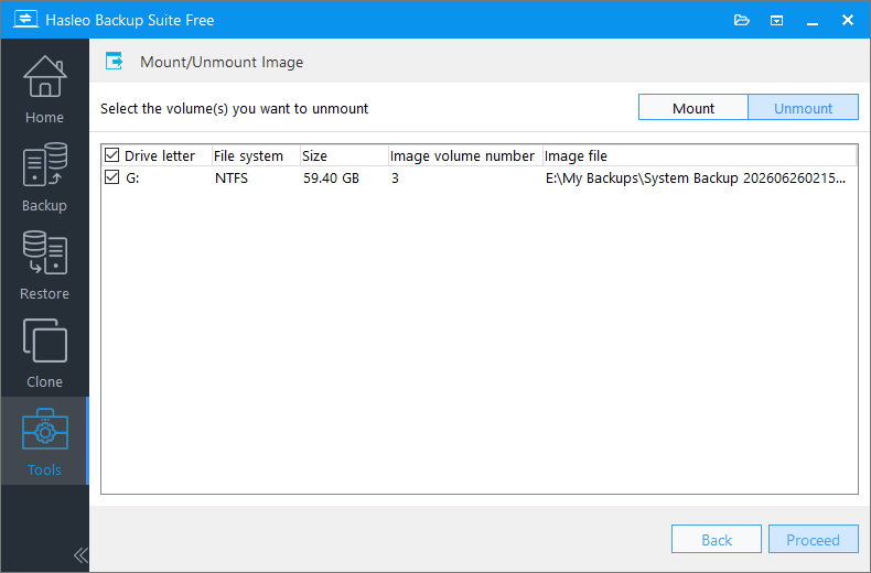 Unmount backup image from Mount Unmount Image tool interface