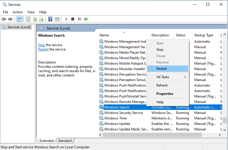 Restart Windows Search Service