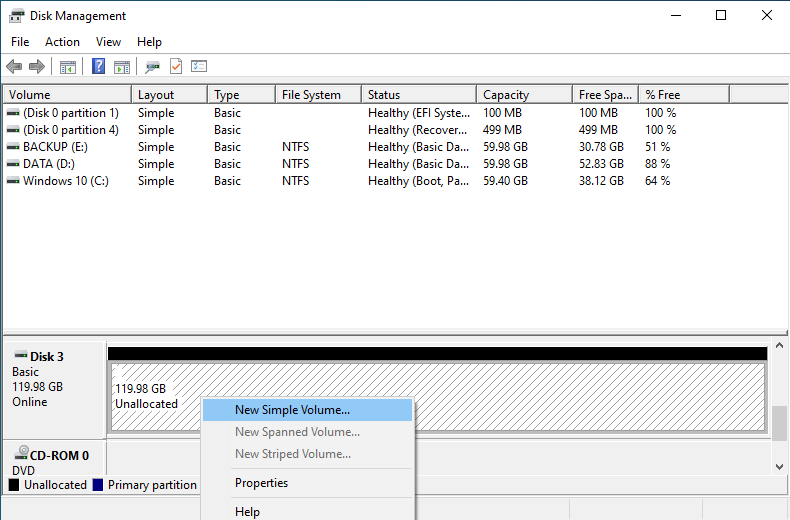 create new simple volume