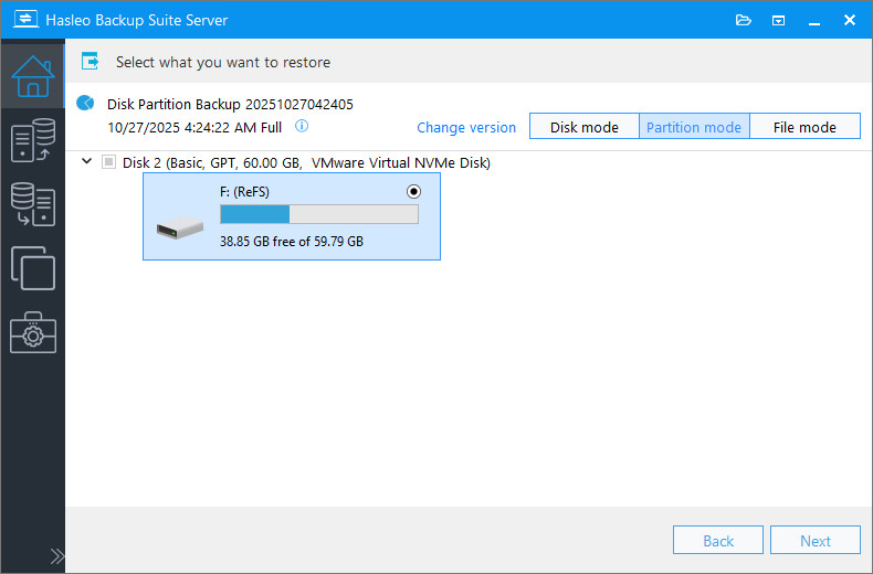 select partition to restore