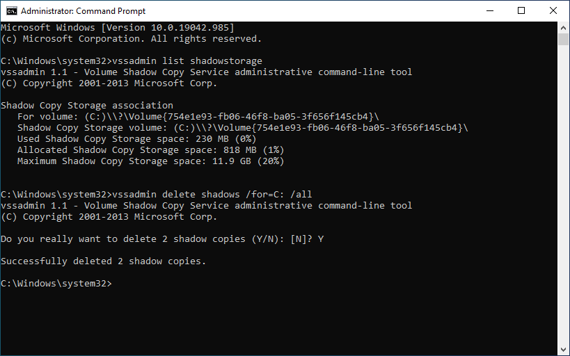 run vssadmin delete shadows