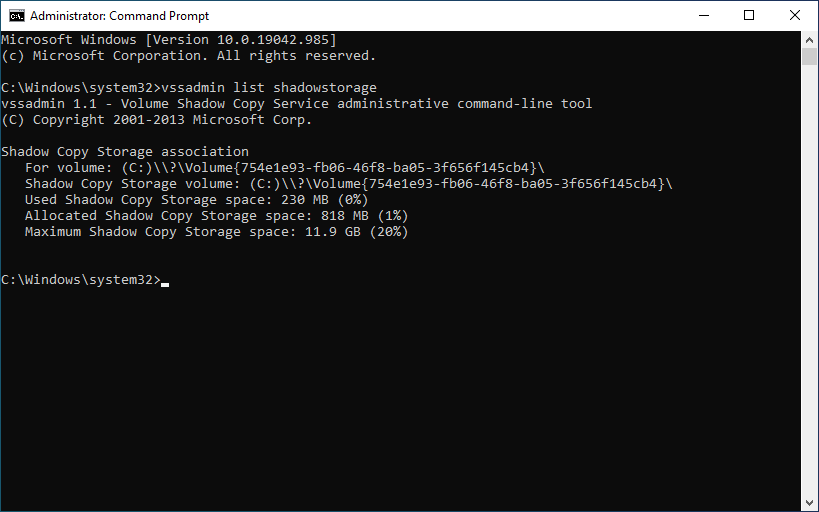run vssadmin list shadowstorage