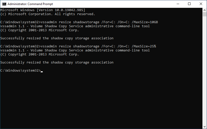 run vssadmin resize shadowstorage