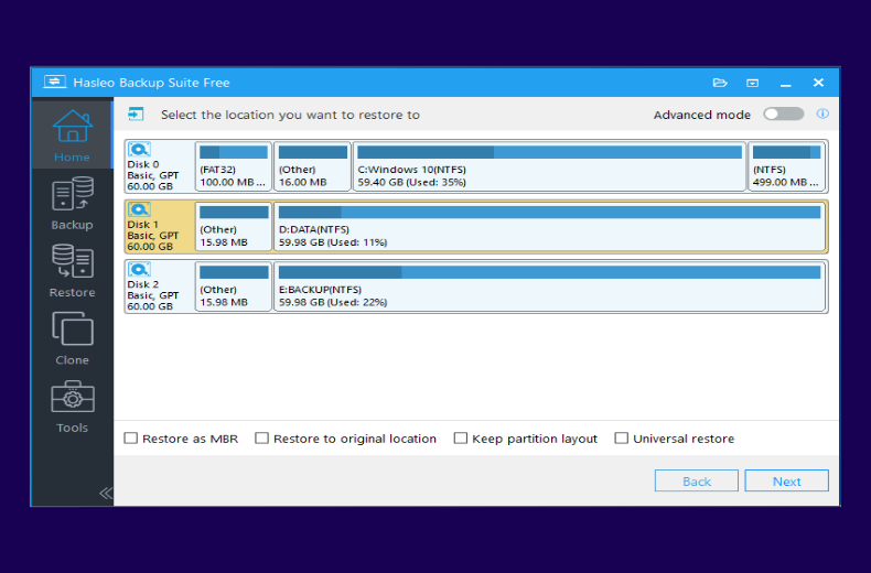 system restore select destination disk