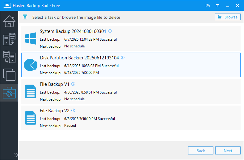 select backup task or image file to merge delete