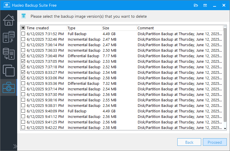 select backup versions to delete image