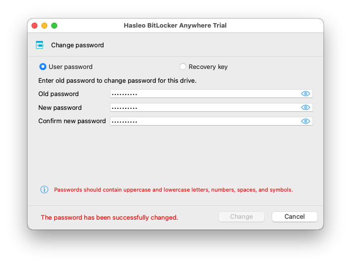 bitlocker password changed successfully
