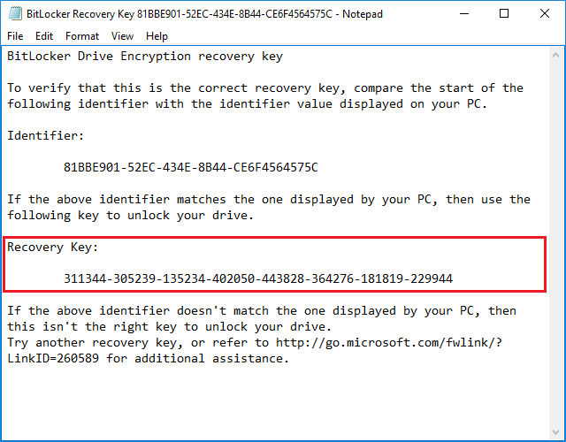 BitLocker recovery key in Windows 10/8
