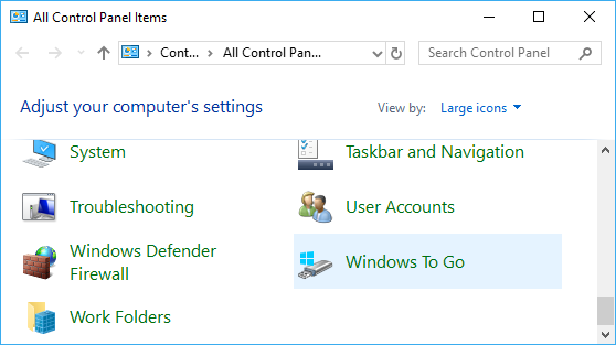 Windows To Go in Windows Control Panel