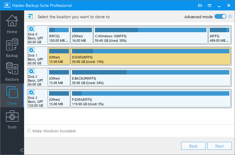 system clone select contiguous space as destination