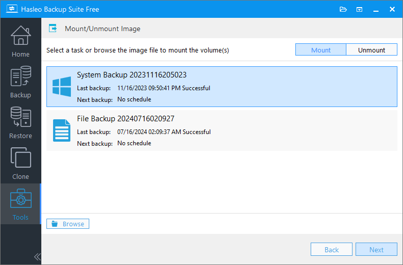 select backup task or image file to mount image