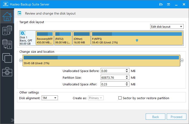 system restore adjust partitions
