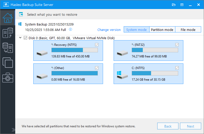 system restore select backup version