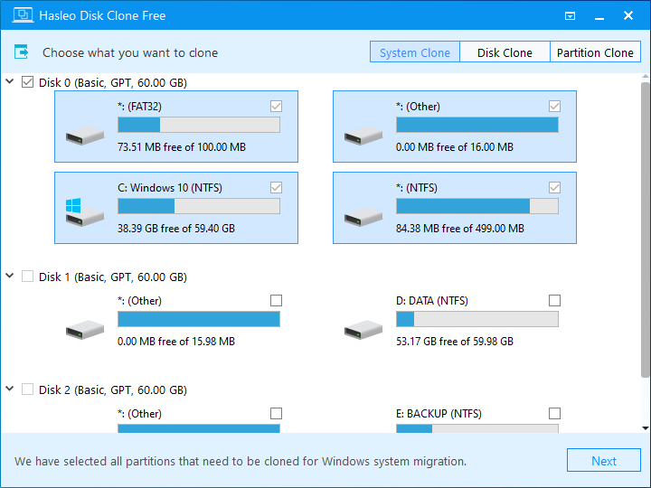 auto select partitions for Windows 10 migration