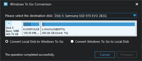 Local disk to Windows To Go convertiong complete