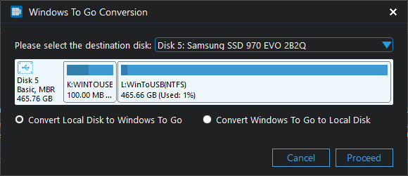 select convert local disk to Windows To Go