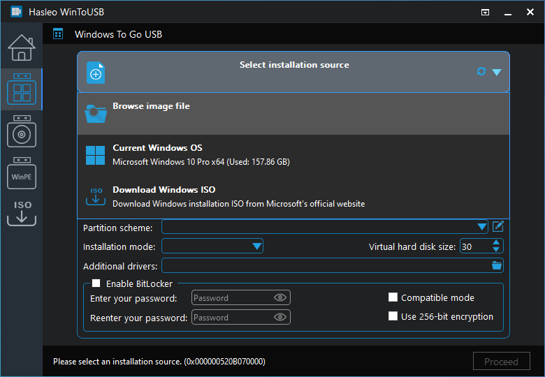 wintousb installation mode legacy or vhd